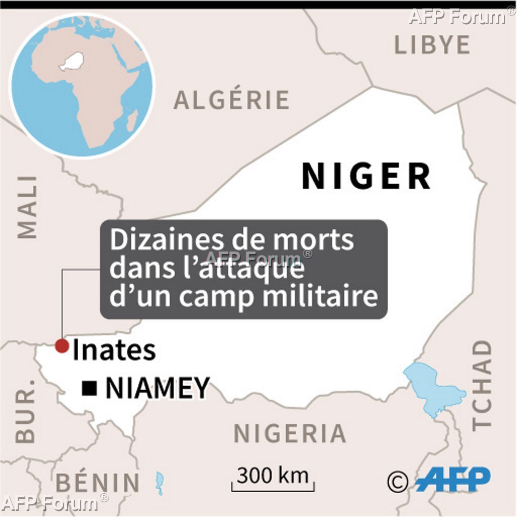 Localisation d'Inates au Niger où l'attaque d'un camp de l'armée nigérienne a fait plus de 60 morts mardi (AFP).