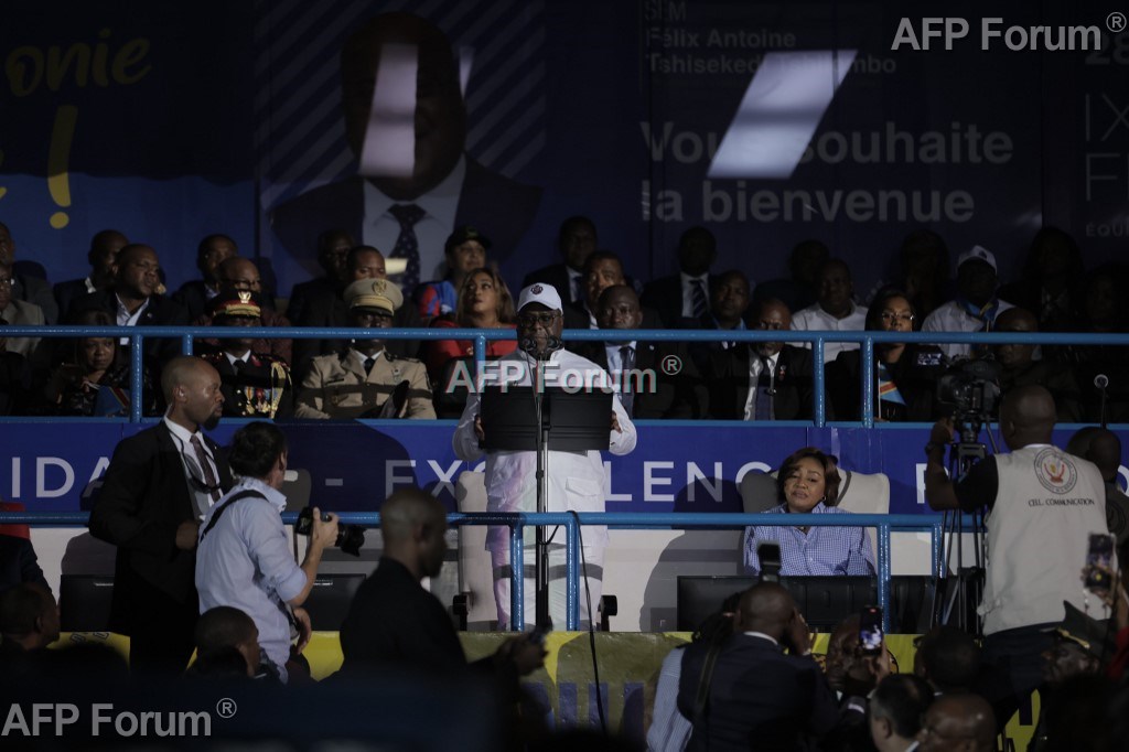 Le Président congolais Félix Tshisekedi ouvre les 9e Jeux de la Francophonie au Stade des Martyrs, le 28 juillet 2023 à Kinshasa, en RDC.