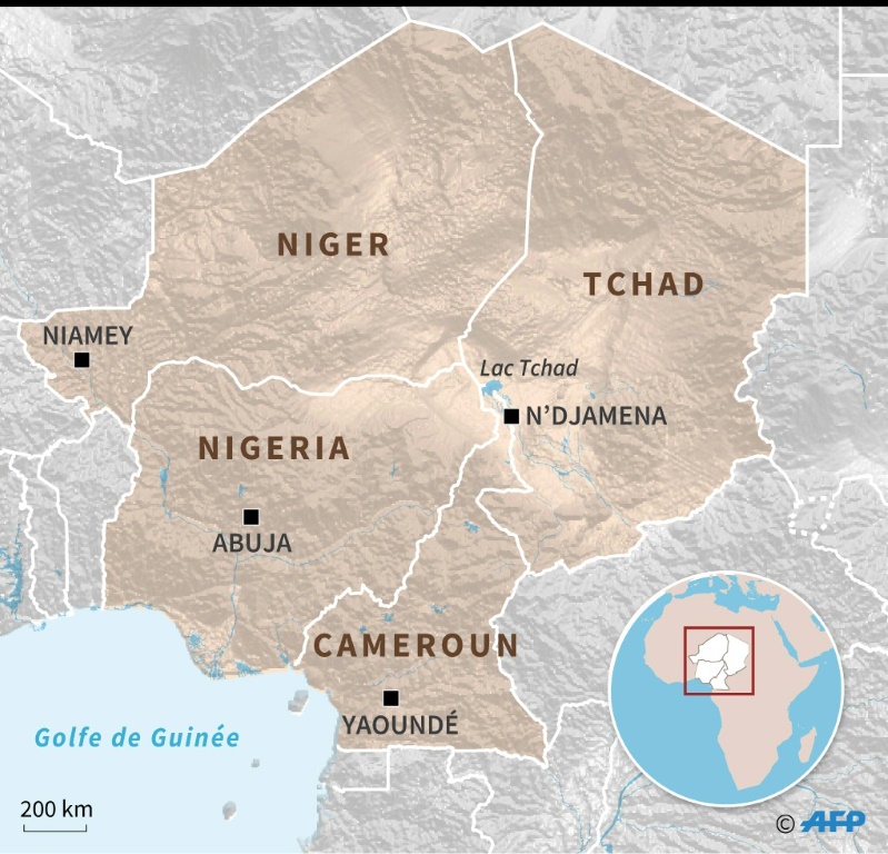Carte localisant le Lac Tchad, le Nigeria, le Niger, le Tchad et le Cameroun.