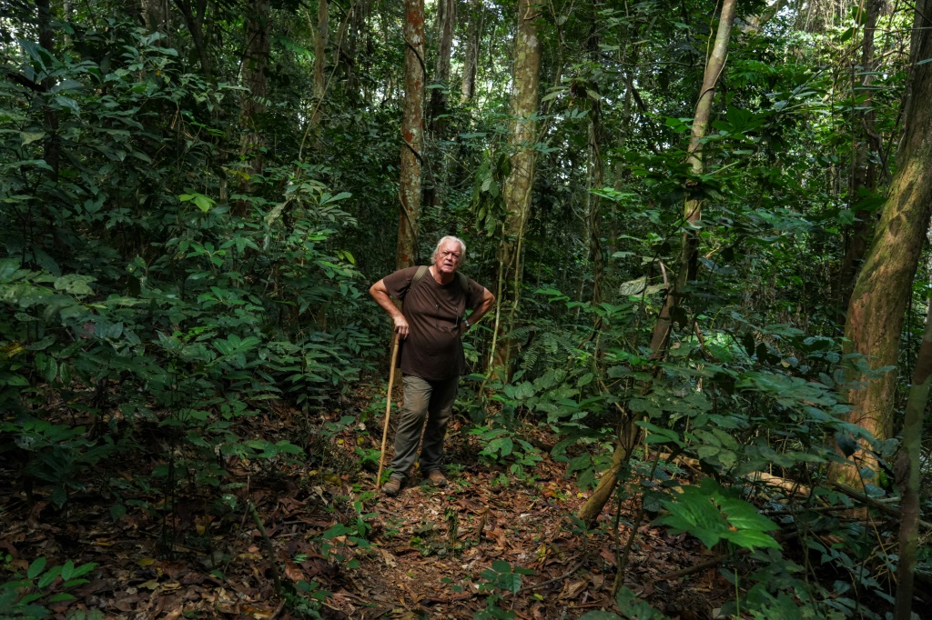 L'archéologue Richard Oslisly dans la forêt tropicale près de la grotte de Youmbidi, au Gabon, le 27 juin 2025.