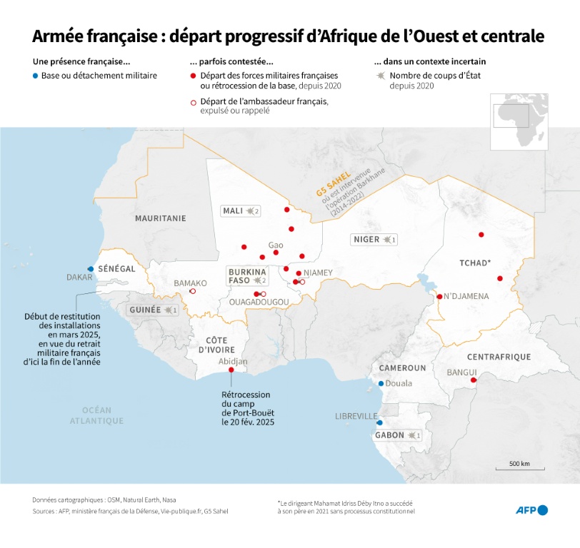 Carte de l'Afrique de l'Ouest et centrale montrant le départ progressif des forces militaires françaises dans la région, au 10 mars 2025.