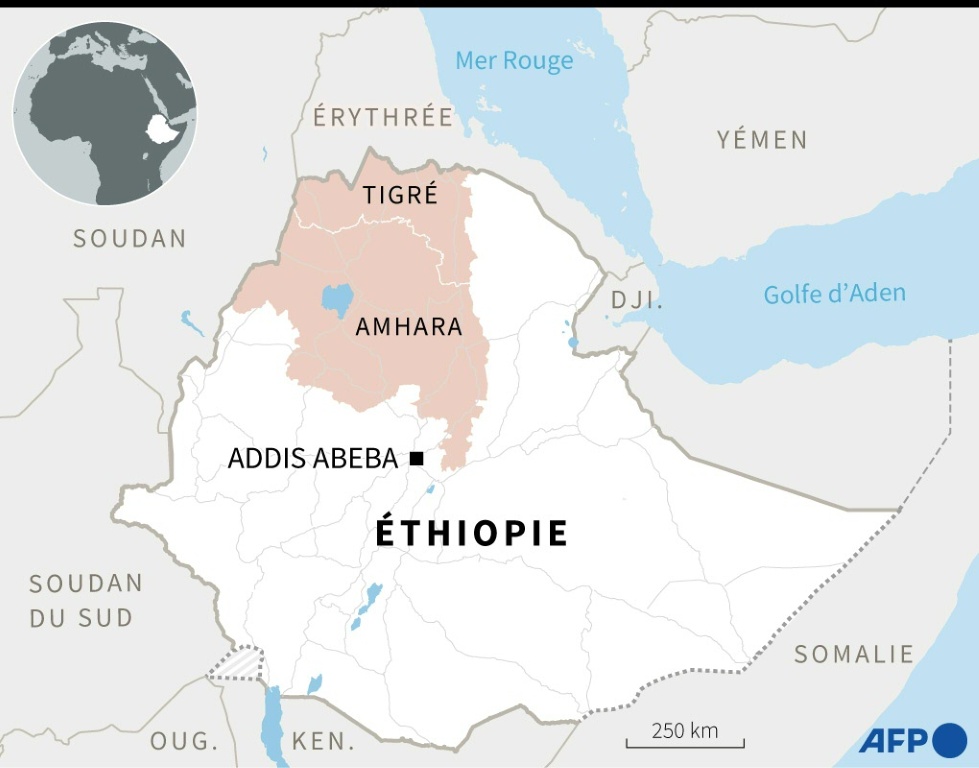 Carte d'Ethiopie localisant les régions du Tigré et d'Amhara.