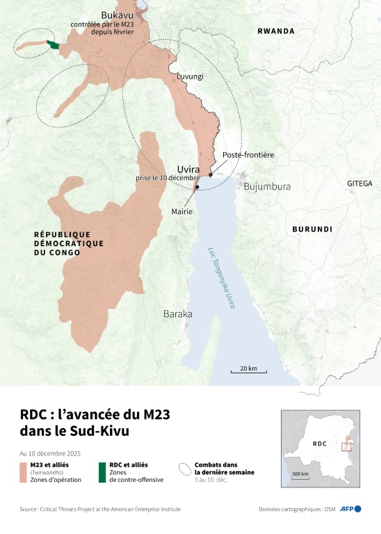 Carte du Sud-Kivu, dans l'est de la République démocratique du Congo montrant la progression du M23, allié du Rwanda, au 10 décembre 2025, selon le CTP.