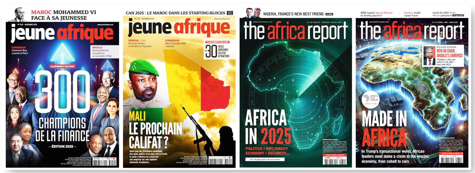 Affiche de publications phares de JAMG (Jeune Afrique Media Group).