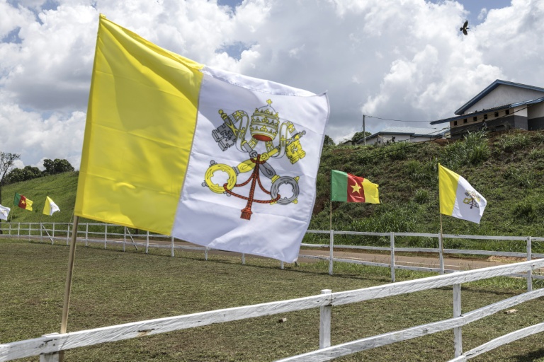 Des drapeaux du Cameroun et du Vatican à l'aéroport de Bamenda, le 14 avril 2026, à la veille de la visite du pape Léon XIV au Cameroun.