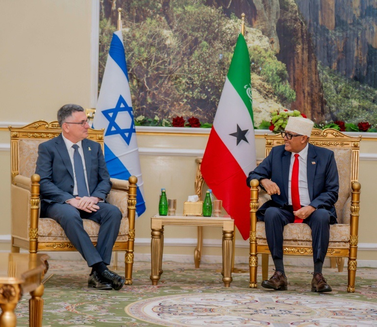 Photo diffusée par le bureau présidentiel du Somaliland, le 6 janvier 2026, montrant le président du Somaliland, Abdirahman Abdullahi Mohamed (d) et le ministre israélien des Affaires étrangères, Gideon Saar (g), au palais présidentiel à Hargeisa.